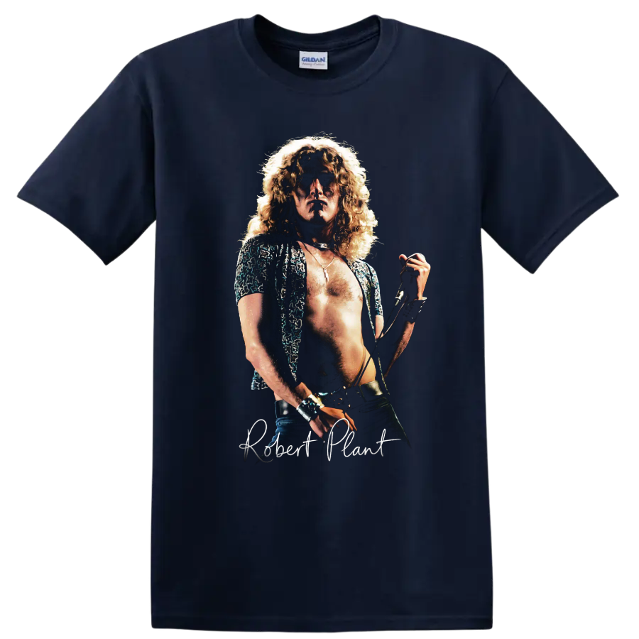 Robert Plant Led Zeppelin vintage rock singer portrait on a Navy (Blue) T Shirt