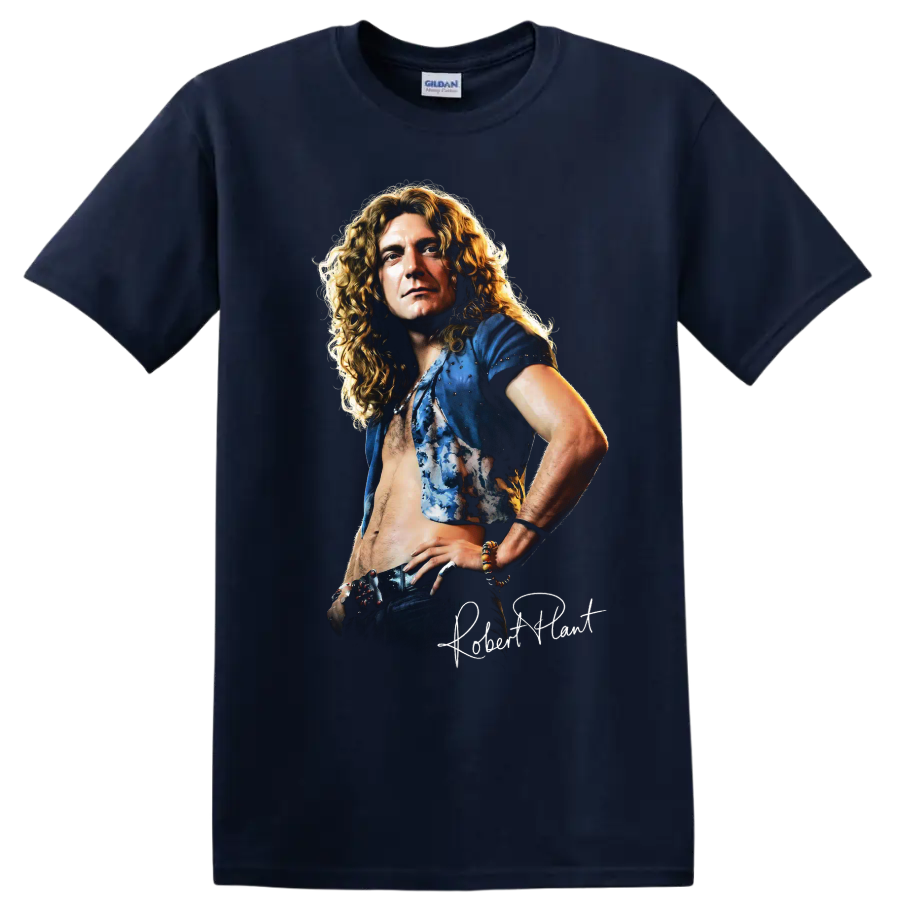 Robert Plant Led Zeppelin rock music portrait graphic print on a Navy (Blue) T Shirt