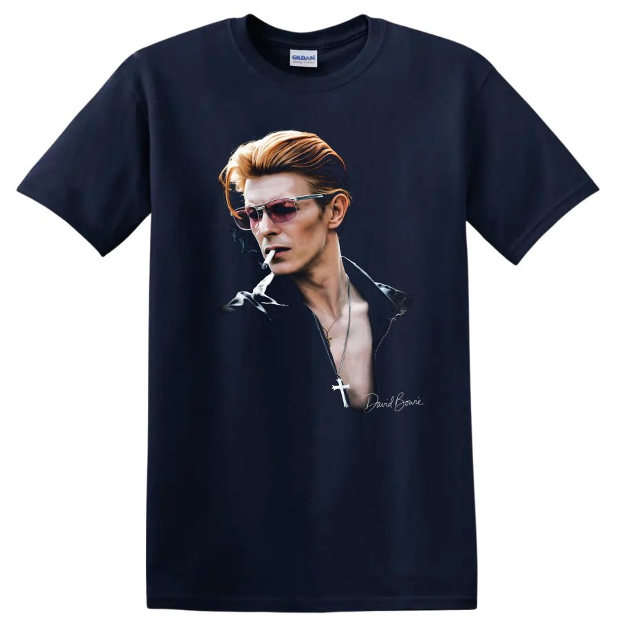 David Bowie Thin White Duke portrait in a moody glam rock style on a Navy (Blue) T Shirt
