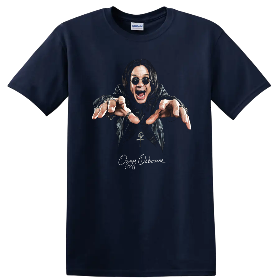 Ozzy Osbourne heavy metal portrait graphic with dramatic reaching pose on a Navy (Blue) T Shirt