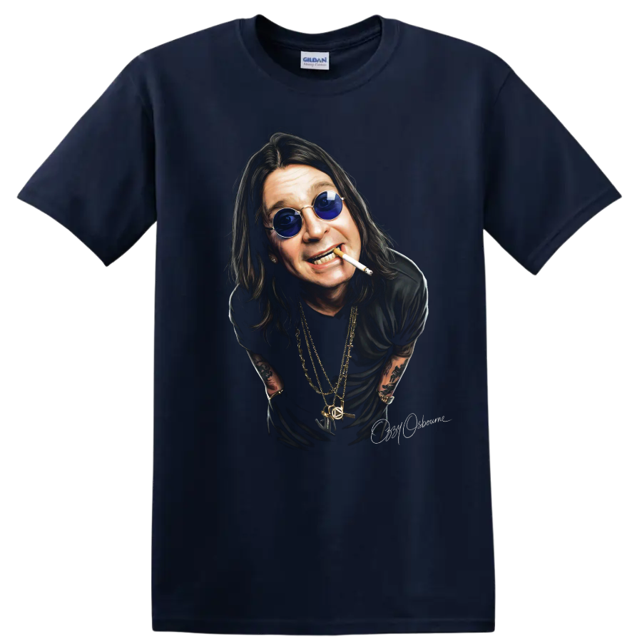 Ozzy Osbourne Black Sabbath heavy metal portrait graphic with blue glasses on a Navy (Blue) T Shirt