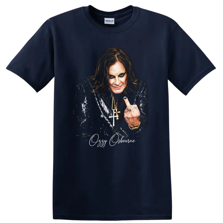 Ozzy Osbourne portrait in a dark heavy metal graphic with script text on a Navy (Blue) T Shirt