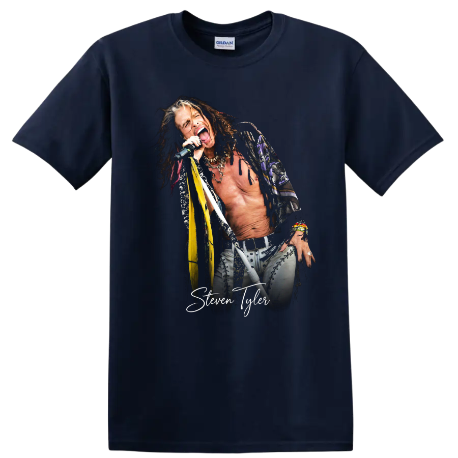 Steven Tyler Aerosmith rock singer portrait with signature graphic on a Navy (Blue) T Shirt
