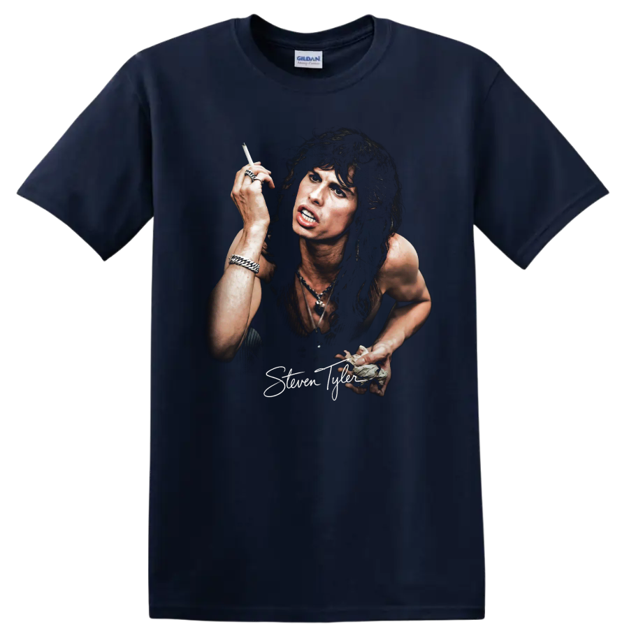 Steven Tyler Aerosmith rock portrait graphic print on a Navy (Blue) T Shirt