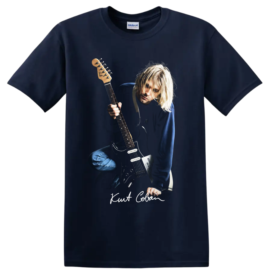 Kurt Cobain grunge portrait holding an electric guitar on a Navy (Blue) T Shirt