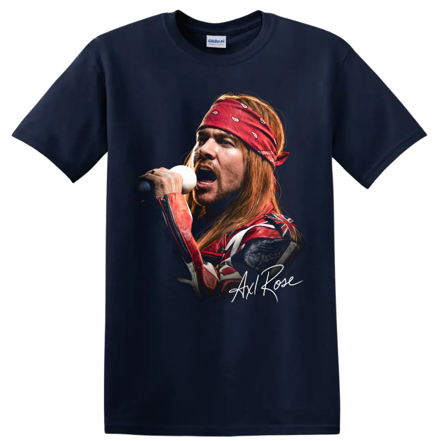 Axl Rose Guns N' Roses hard rock vocalist portrait with signature on a Navy (Blue) T Shirt