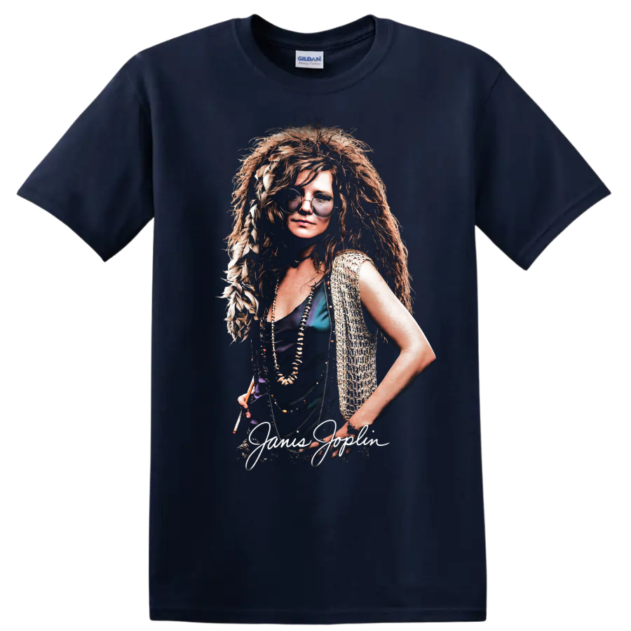 Janis Joplin pop-art rock portrait with handwritten name on a Navy (Blue) T Shirt