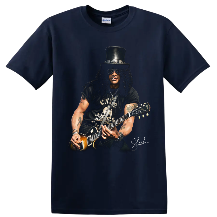 Slash Guns N' Roses guitarist portrait with top hat and electric guitar on a Navy (Blue) T Shirt
