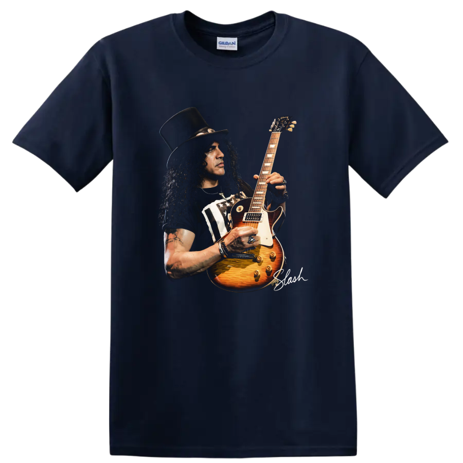 Slash portrait playing a sunburst Gibson Les Paul-style electric guitar on a Navy (Blue) T Shirt