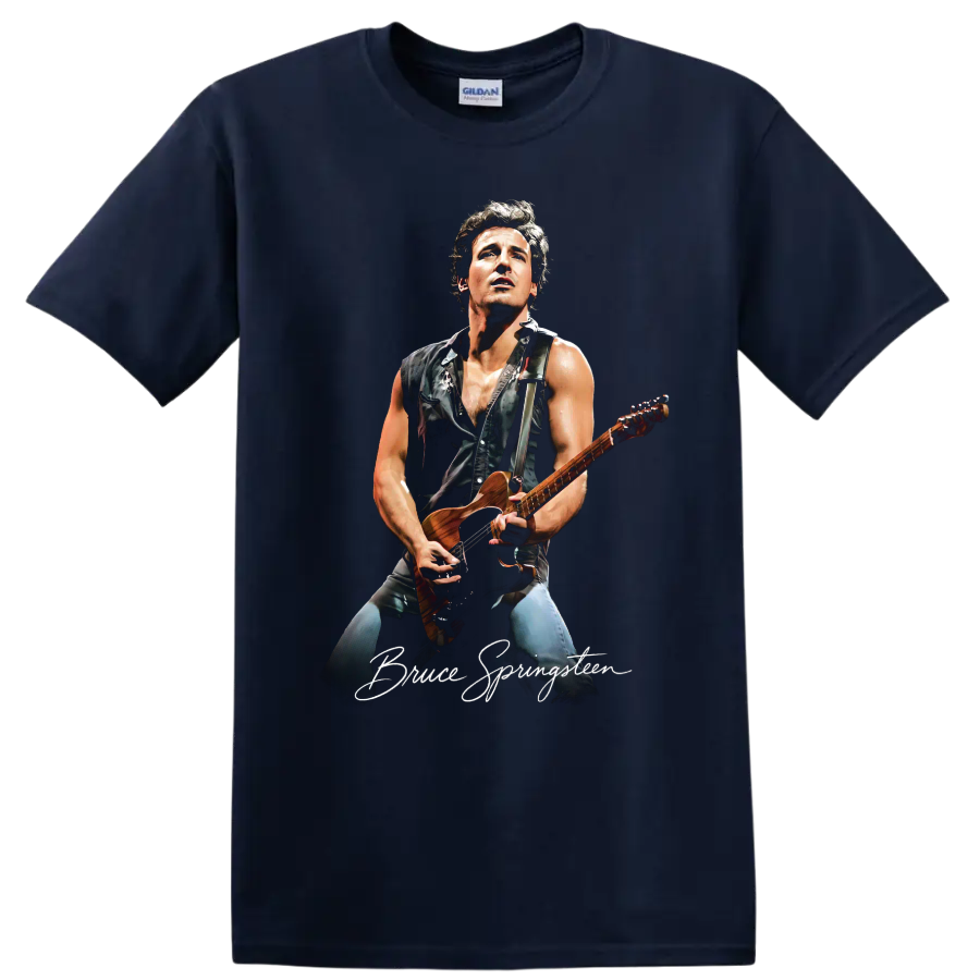Bruce Springsteen pop-art guitar portrait on a Navy (Blue) T Shirt