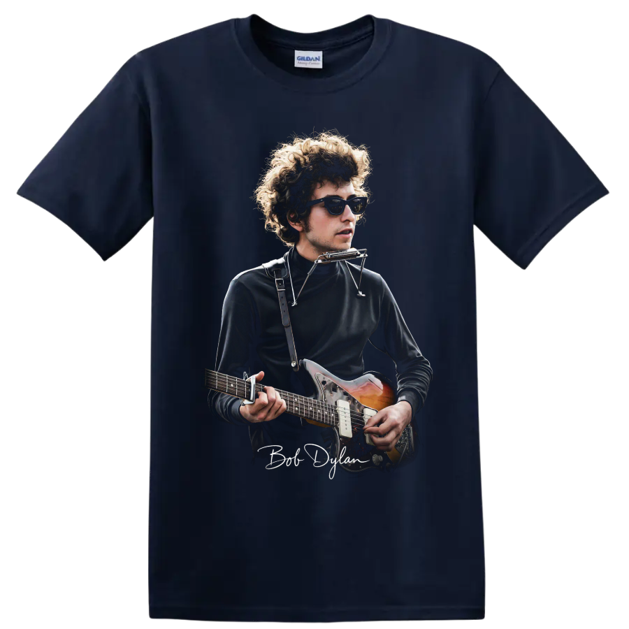 Bob Dylan folk rock portrait with guitar and harmonica on a Navy (Blue) T Shirt