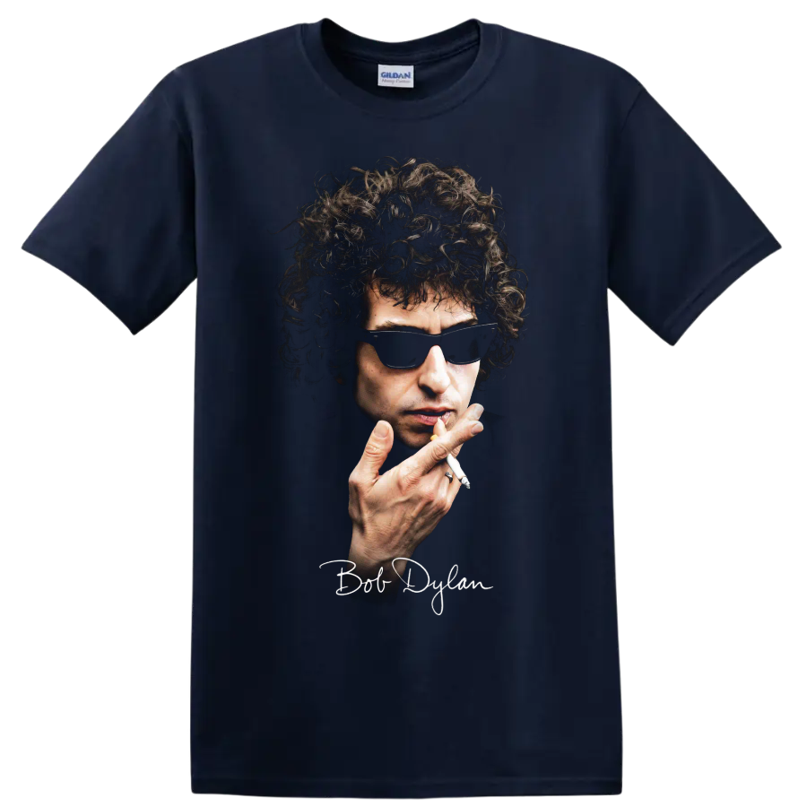 Stylized Bob Dylan portrait with sunglasses and signature on a Navy (Blue) T Shirt