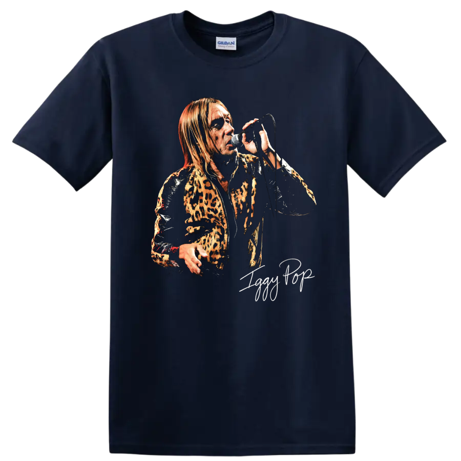 Iggy Pop punk rock portrait performing with a microphone and leopard print jacket on a Navy (Blue) T Shirt