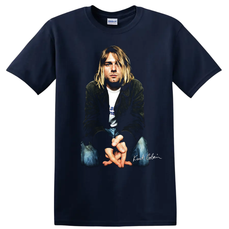 Kurt Cobain Nirvana grunge rock portrait graphic print on a Navy (Blue) T Shirt