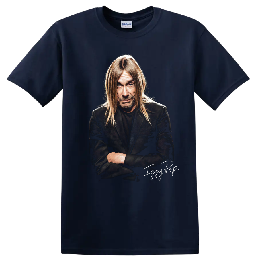 Iggy Pop portrait graphic with The Stooges rock style and signature on a Navy (Blue) T Shirt