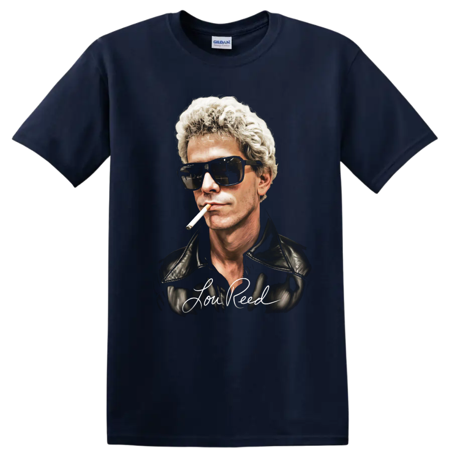 Lou Reed portrait with sunglasses, cigarette, leather jacket, and signature lettering on a Navy (Blue) T Shirt