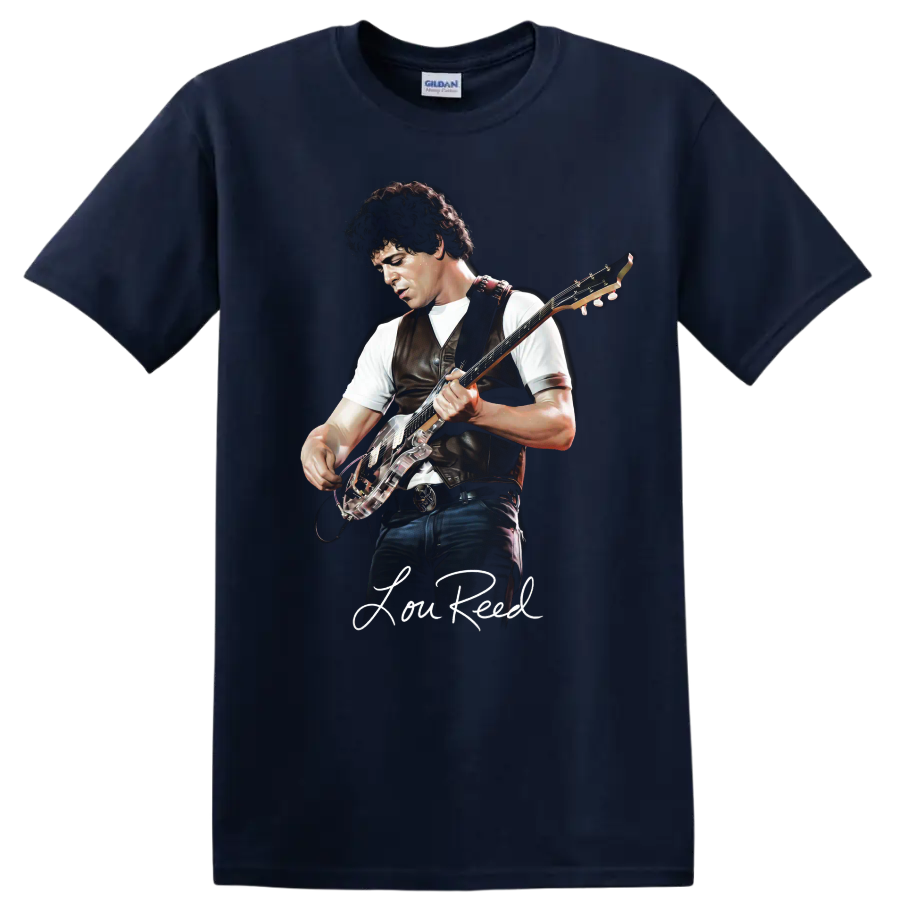 Lou Reed guitar portrait with signature, rock music graphic print on a Navy (Blue) T Shirt