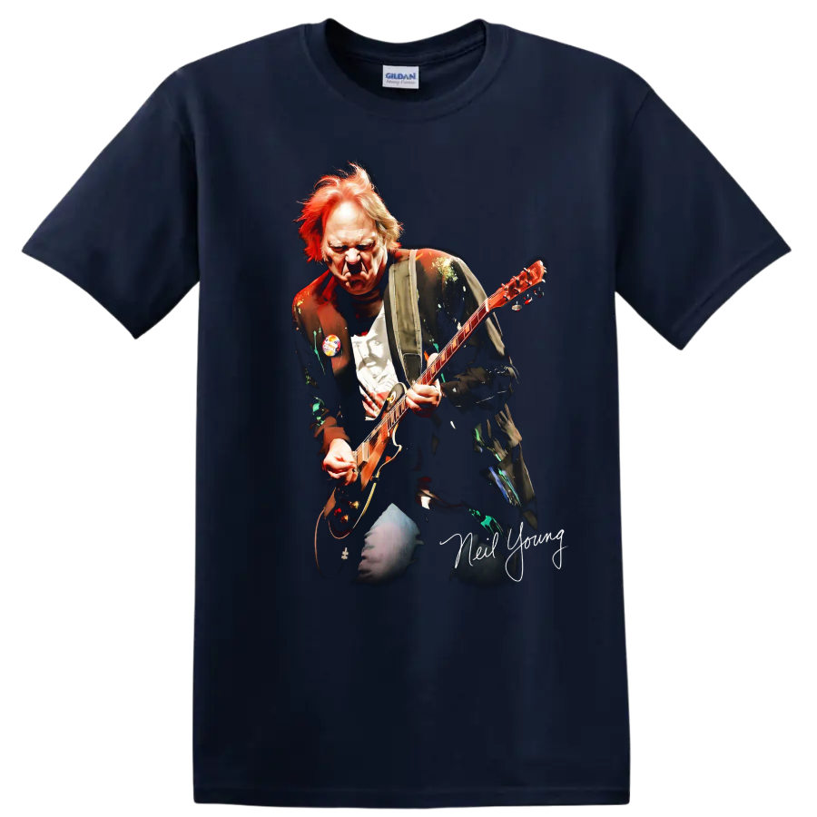 Neil Young playing Old Black Les Paul in a dramatic rock graphic on a Navy (Blue) T Shirt