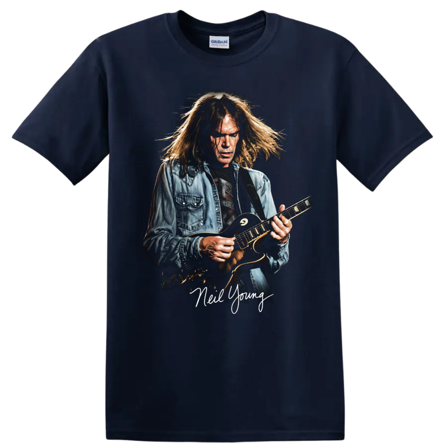 Neil Young vintage-style rock guitar portrait with handwritten name on a Navy (Blue) T Shirt