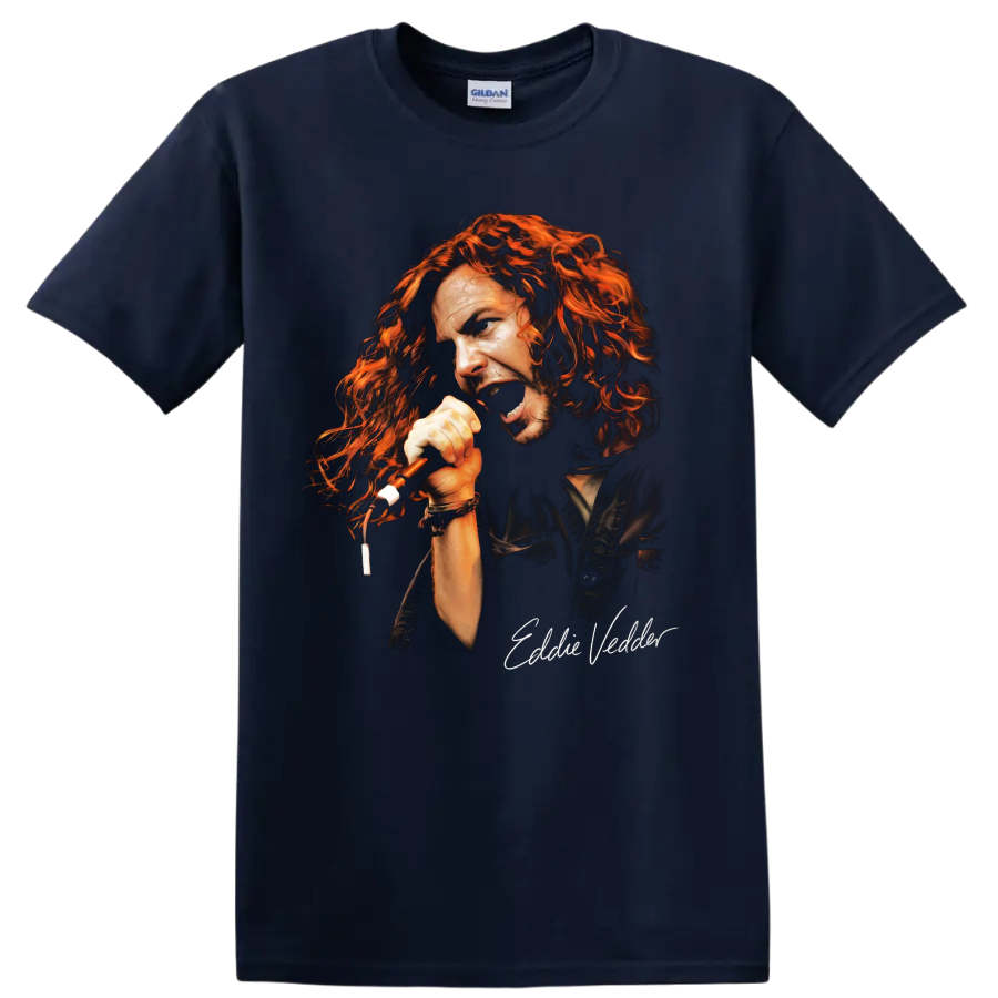 Eddie Vedder grunge rock vocalist portrait graphic on a Navy (Blue) T Shirt