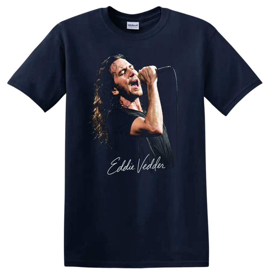 Eddie Vedder singing into a microphone in a distressed grunge portrait on a Navy (Blue) T Shirt