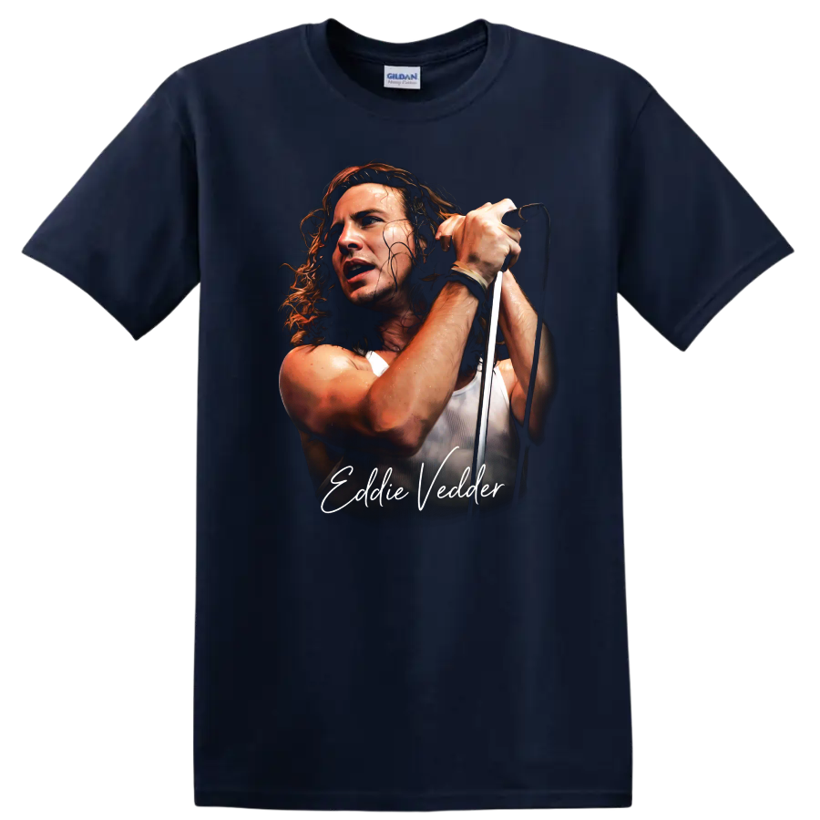 Eddie Vedder Pearl Jam grunge portrait with microphone and script text on a Navy (Blue) T Shirt