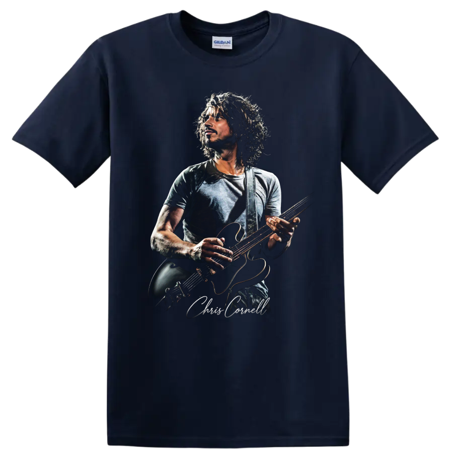 Chris Cornell grunge rock portrait playing electric guitar on a Navy (Blue) T Shirt