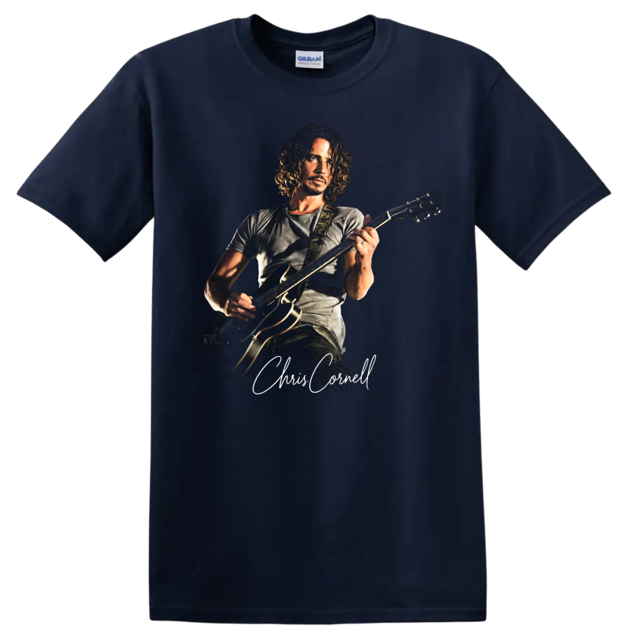 Chris Cornell playing guitar in a dramatic rock portrait with signature on a Navy (Blue) T Shirt
