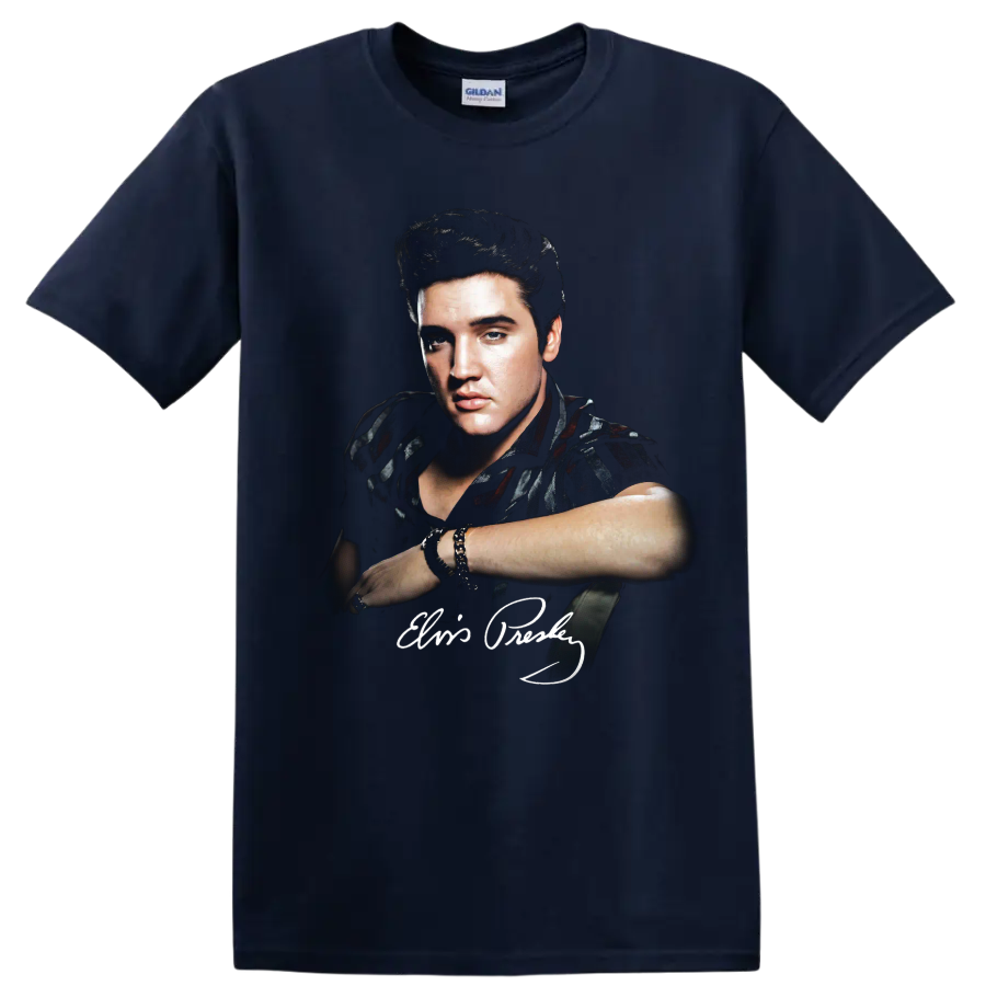 Elvis Presley rock and roll portrait with signature graphic on a Navy (Blue) T Shirt