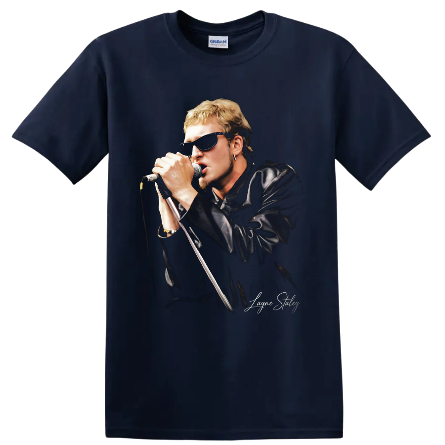 Layne Staley singing into a microphone in a grunge rock portrait on a Navy (Blue) T Shirt