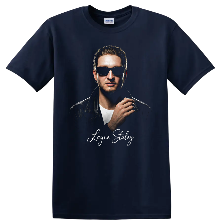 Layne Staley portrait in sunglasses and leather jacket with signature on a Navy (Blue) T Shirt