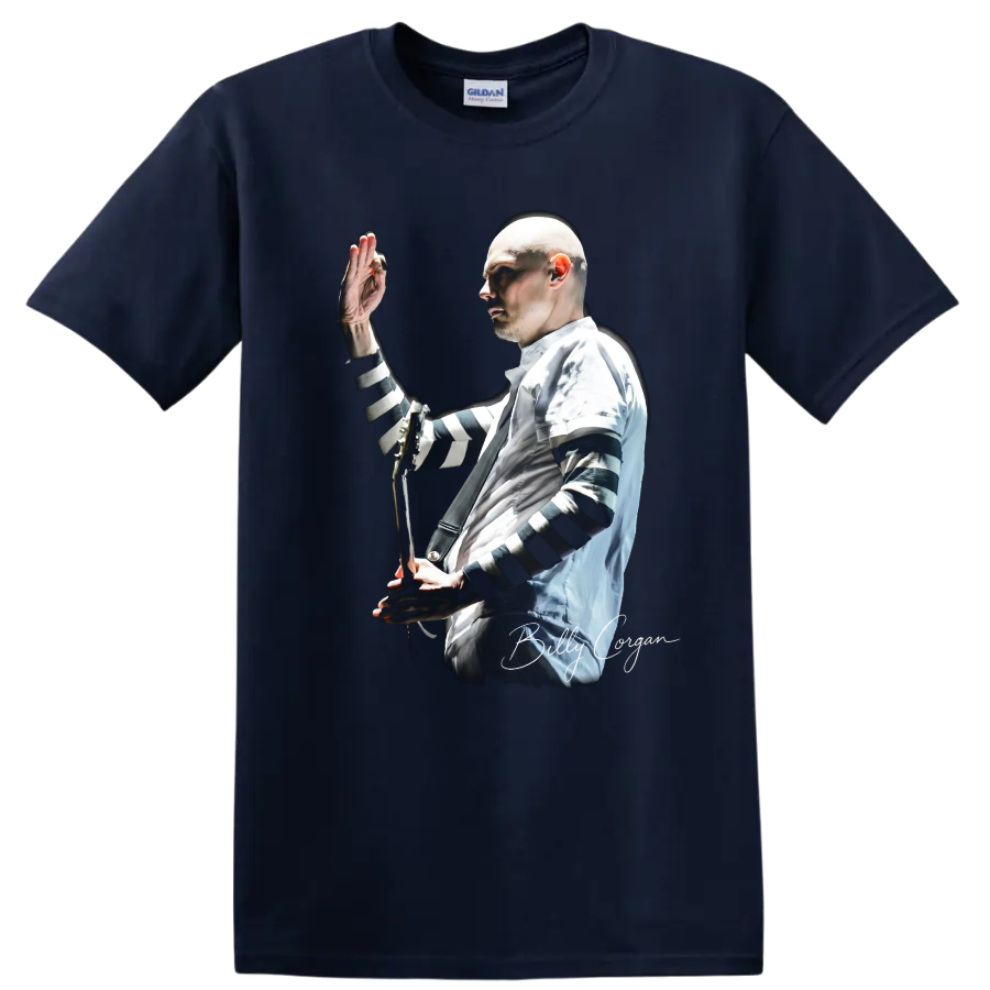 Billy Corgan performing with guitar, high-contrast alternative rock portrait on a Navy (Blue) T Shirt