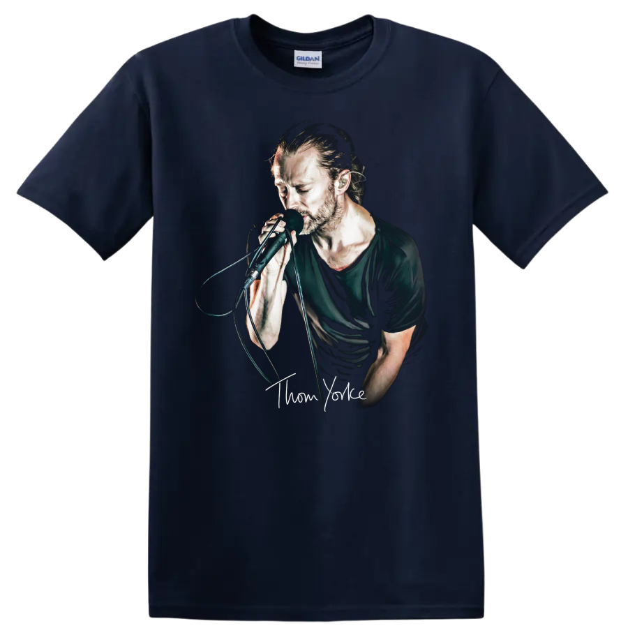 Thom Yorke portrait singing into a microphone in a dark graphic style on a Navy (Blue) T Shirt