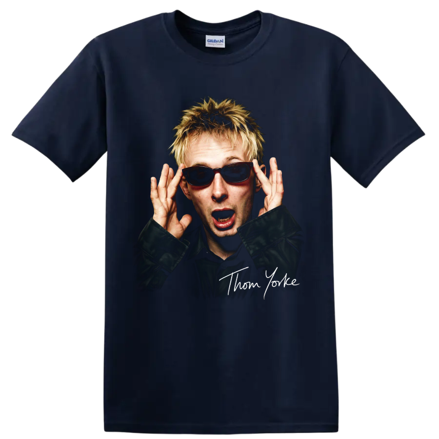 Thom Yorke portrait in sunglasses with handwritten-style name on a Navy (Blue) T Shirt
