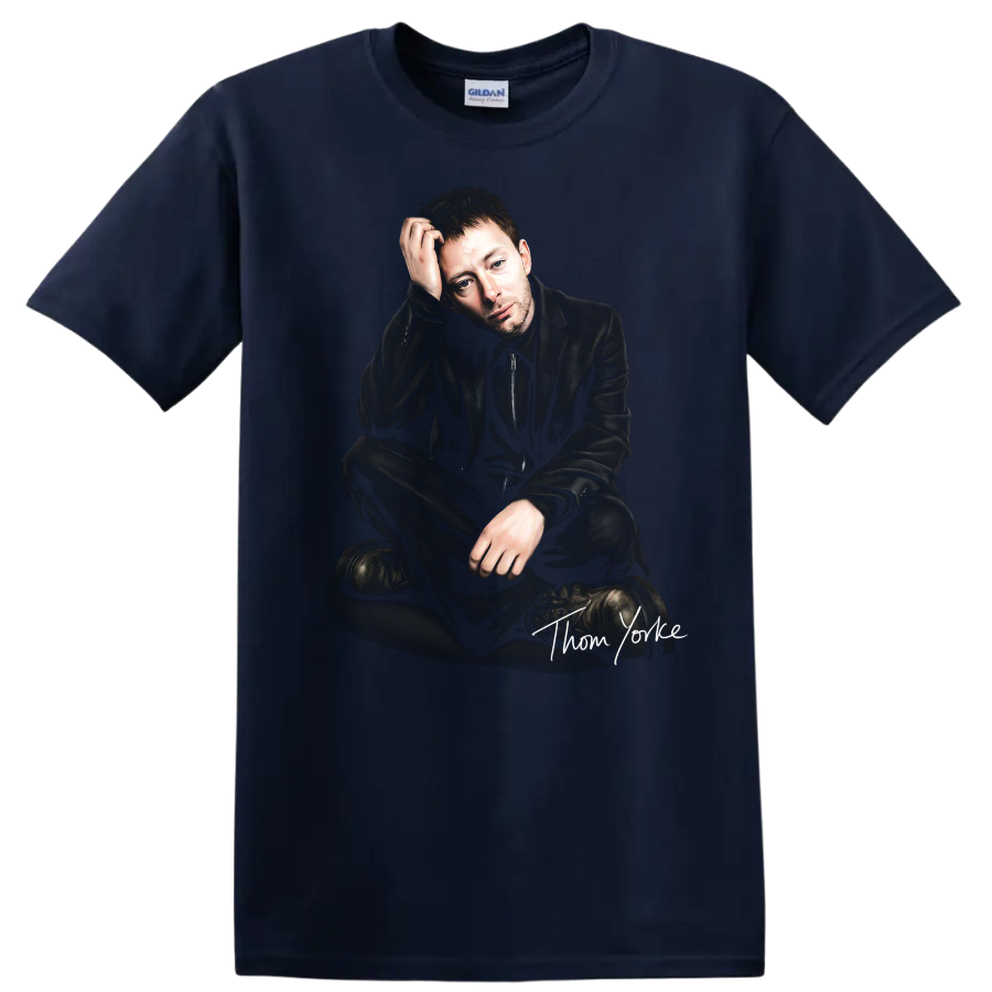 Thom Yorke seated portrait with handwritten signature, dark alternative rock style on a Navy (Blue) T Shirt