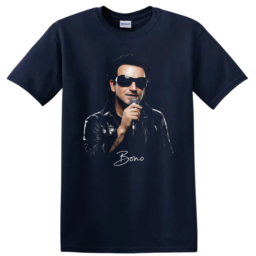 Bono of U2 holding a microphone in a high-contrast rock portrait on a Navy (Blue) T Shirt