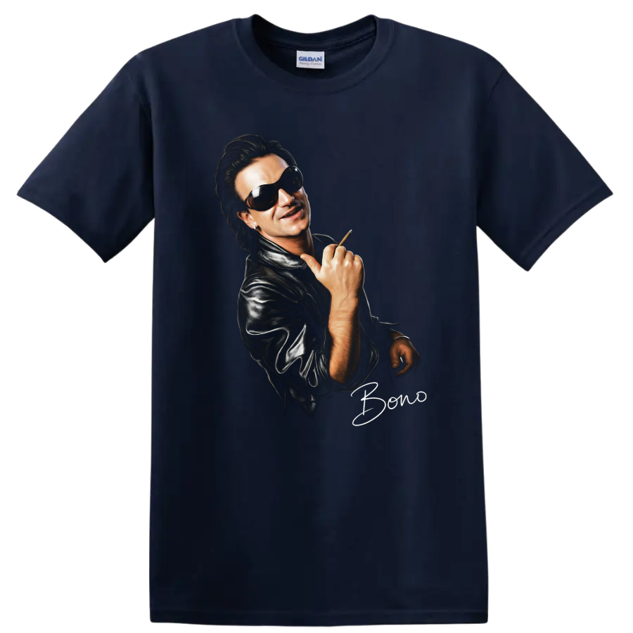 Bono U2 rock portrait wearing sunglasses and a leather jacket on a Navy (Blue) T Shirt