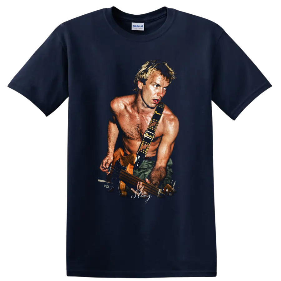 Sting playing a bass guitar in a dramatic rock music portrait on a Navy (Blue) T Shirt