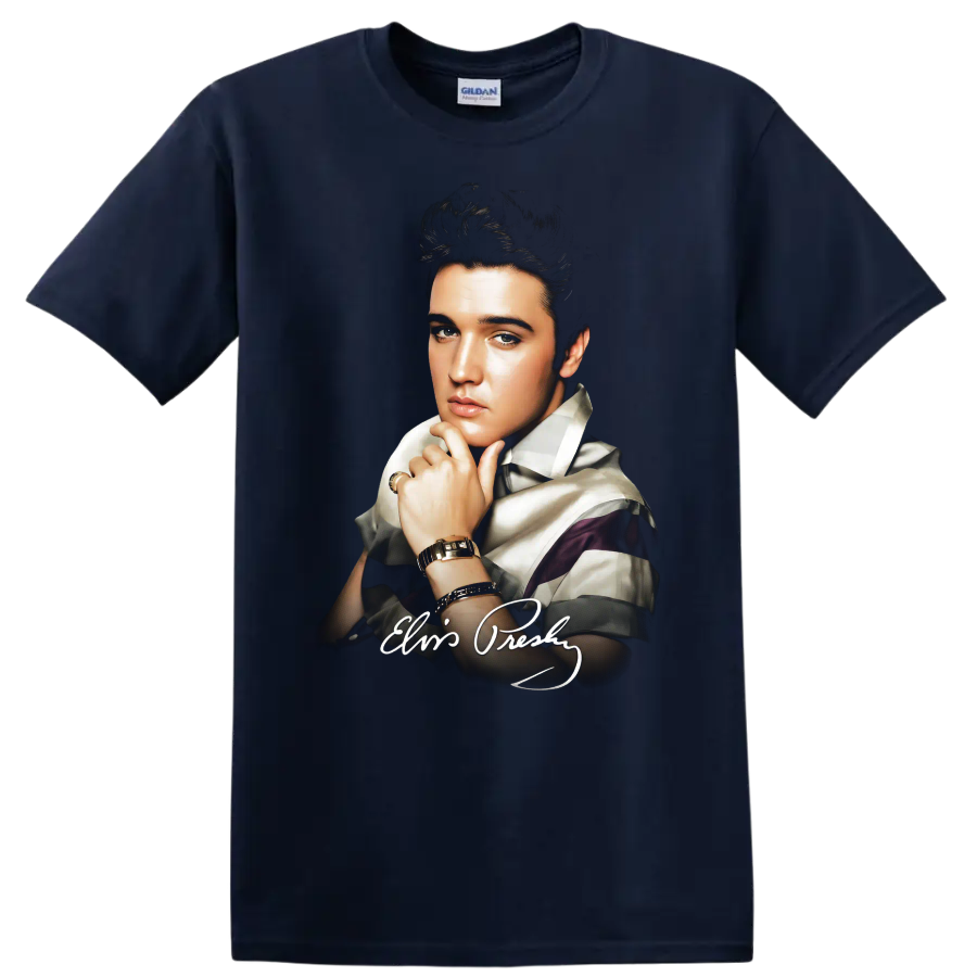 Elvis Presley pop art portrait with vintage rock and roll style on a Navy (Blue) T Shirt