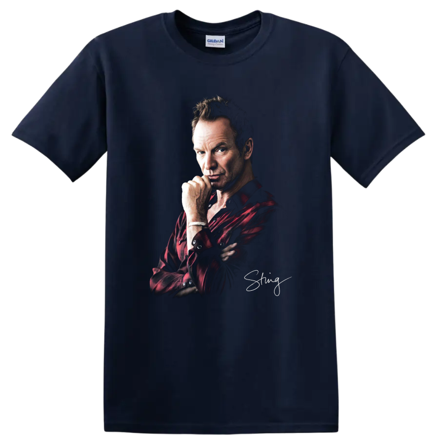 Sting portrait in red plaid shirt with signature-style graphic on a Navy (Blue) T Shirt