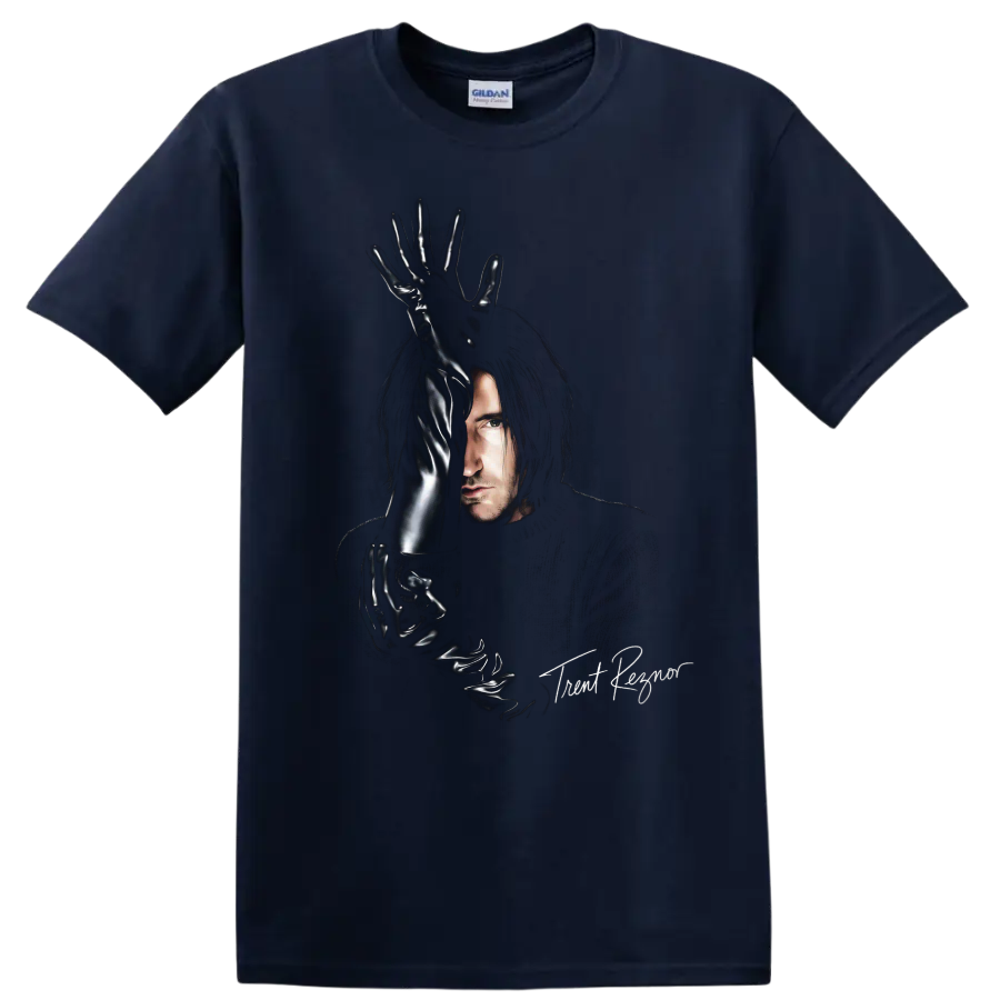 Trent Reznor portrait with glossy black gloves in an industrial rock graphic on a Navy (Blue) T Shirt