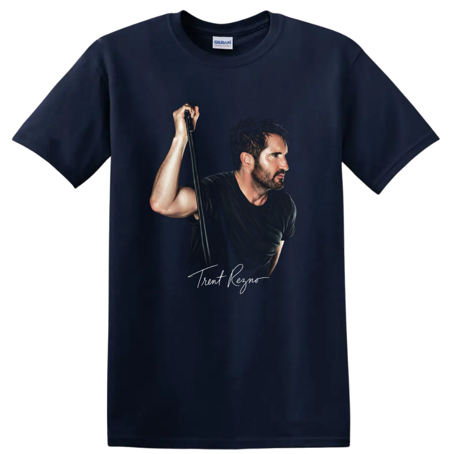 Trent Reznor Nine Inch Nails industrial rock portrait graphic print on a Navy (Blue) T Shirt