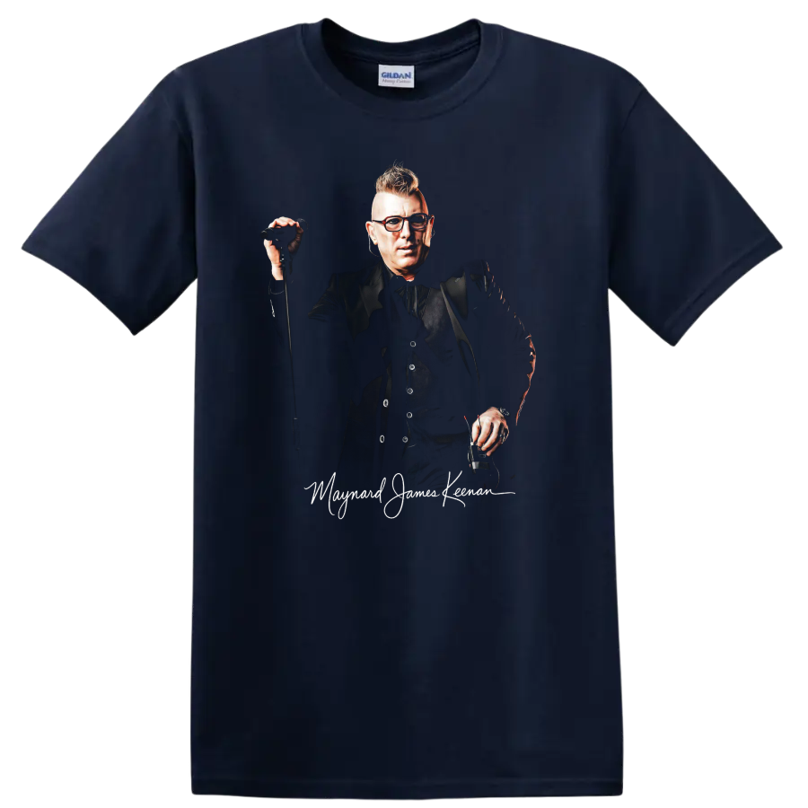 Maynard James Keenan rock portrait with microphone and distressed lettering on a Navy (Blue) T Shirt