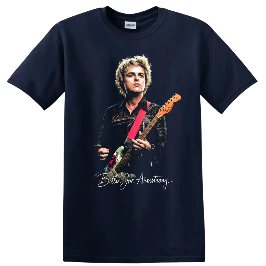 Billie Joe Armstrong Green Day guitar portrait graphic print on a Navy (Blue) T Shirt
