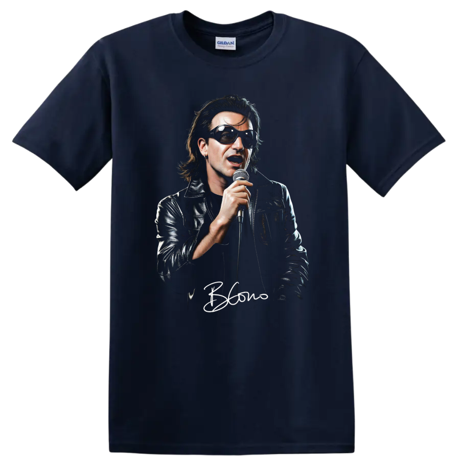 Bono U2 portrait graphic print with microphone, sunglasses, and leather jacket on a Navy (Blue) T Shirt