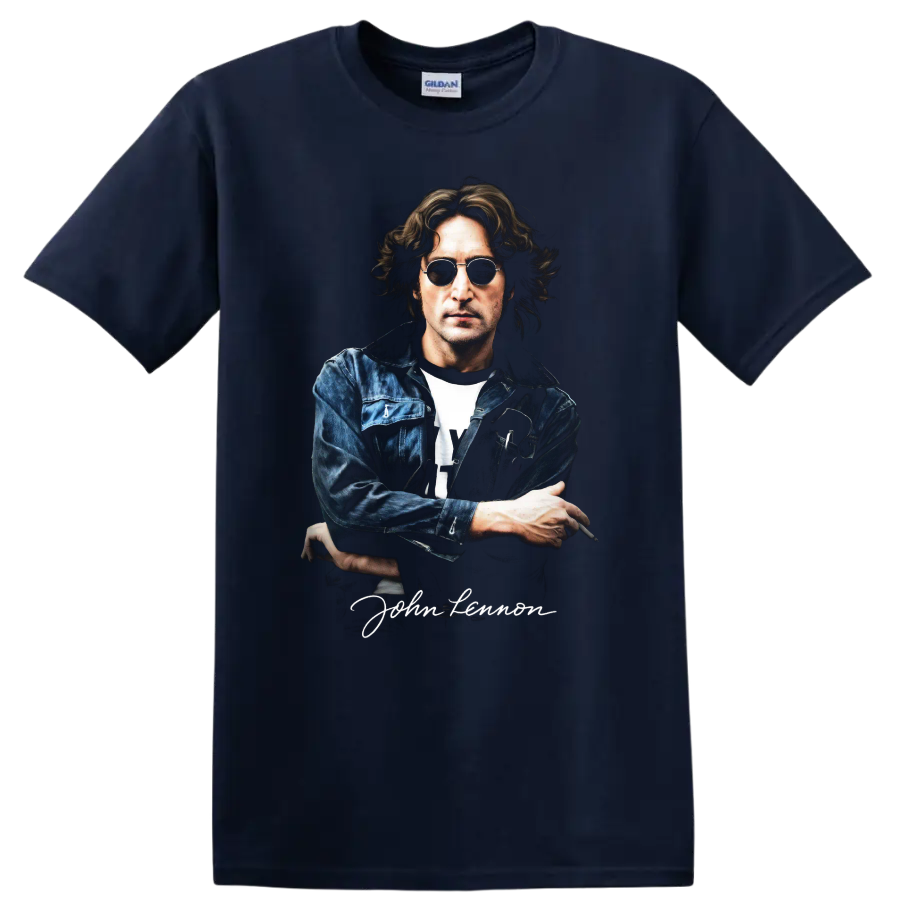 John Lennon portrait graphic with sunglasses and denim jacket on a Navy (Blue) T Shirt