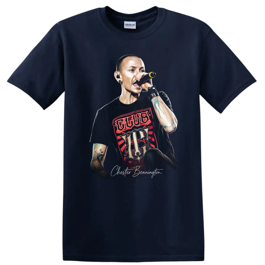 Chester Bennington performing with microphone in bold red and black rock art on a Navy (Blue) T Shirt