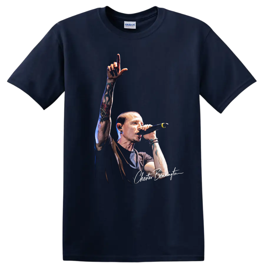 Chester Bennington Linkin Park live performance graphic portrait on a Navy (Blue) T Shirt