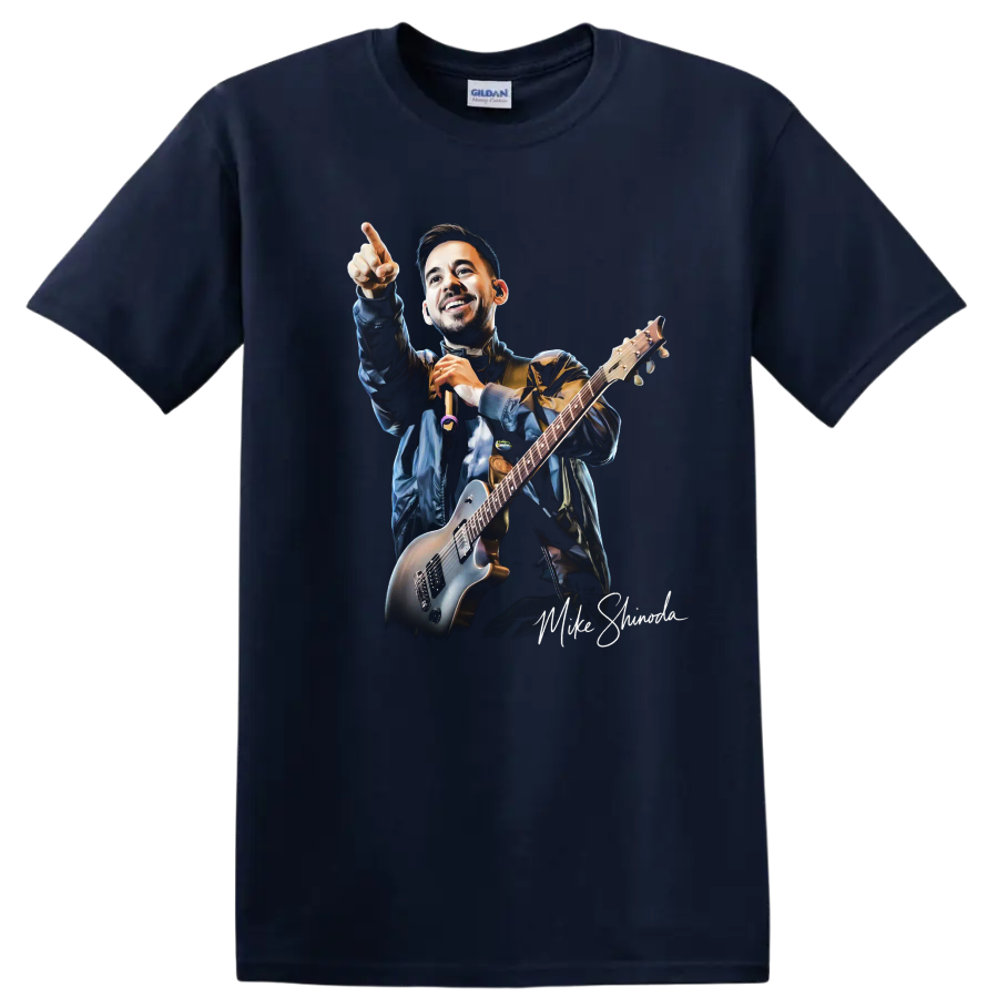 Mike Shinoda playing guitar and pointing in a dynamic concert portrait on a Navy (Blue) T Shirt
