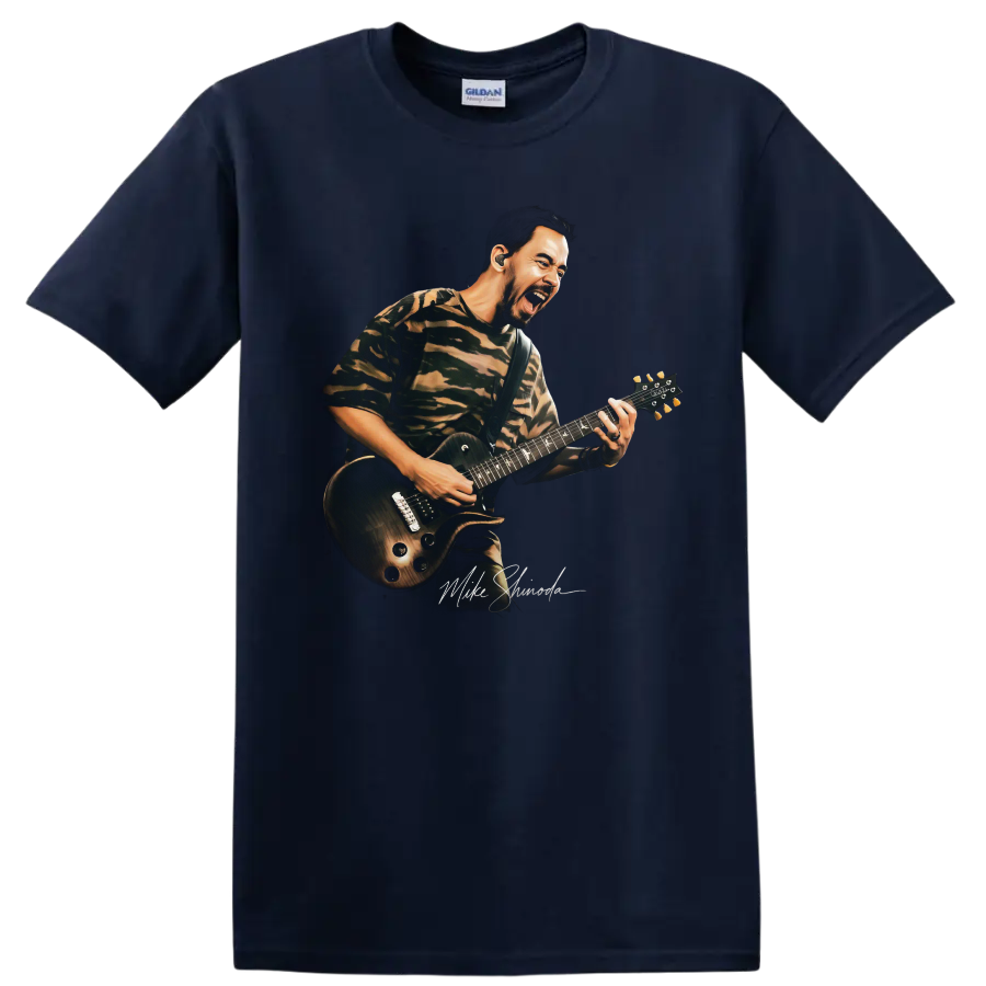 Mike Shinoda playing guitar rock music graphic on a Navy (Blue) T Shirt